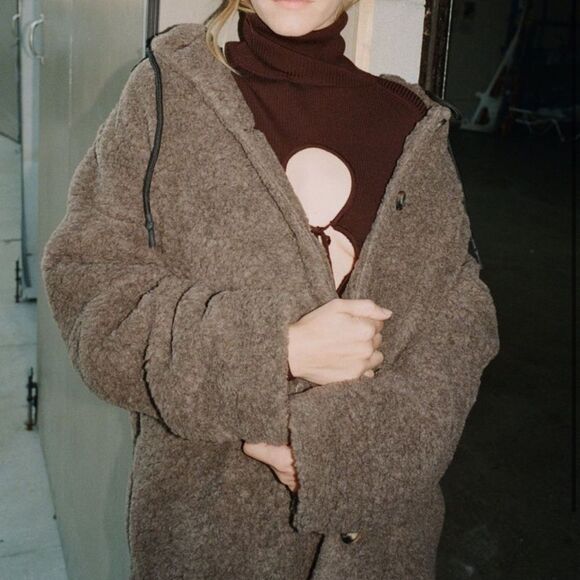 NWT THAKOON Brown Oversized Hooded Wool Blend Long Shearling Coat size XS - Picture 2 of 11